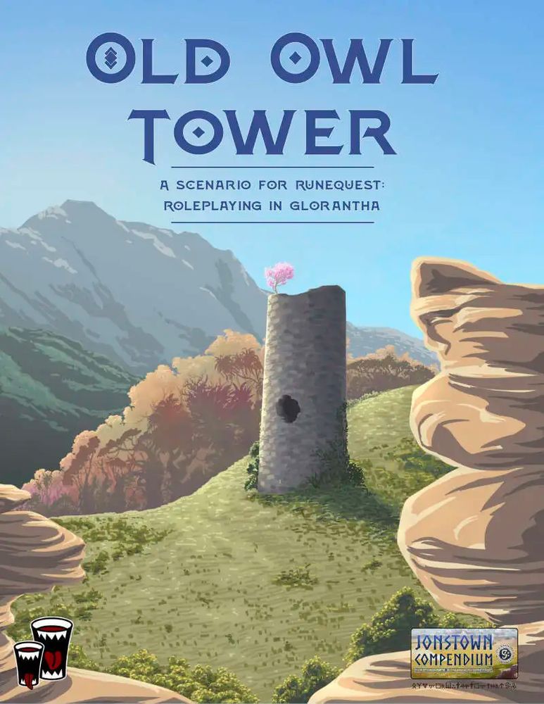 Book cover for Old Owl Tower, showing a partly ruined round stone tower on a green hillside, against a backdrop of mountains. A strange, alien jungle rises behind the tower, and eroded rock formations bracket the view from the foreground. 