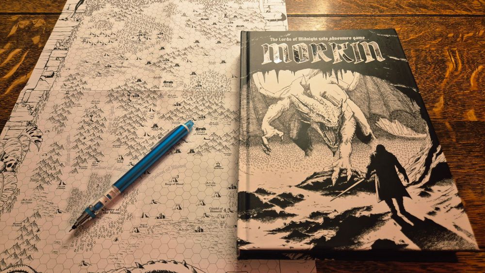 Right: Morkin front cover, black and white image of a warrior facing a dragon. Left: hex map of Western Midnight