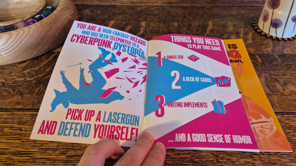 Interior of Wands & Laserguns explaining that you play as a high fantasy wizard who has been teleported to a cyberpunk dystopia