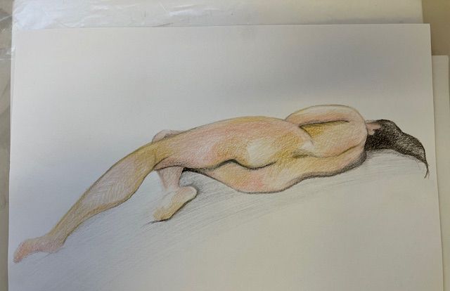 Drawing of a professional model reclining.  Hand drawn using pencils. 