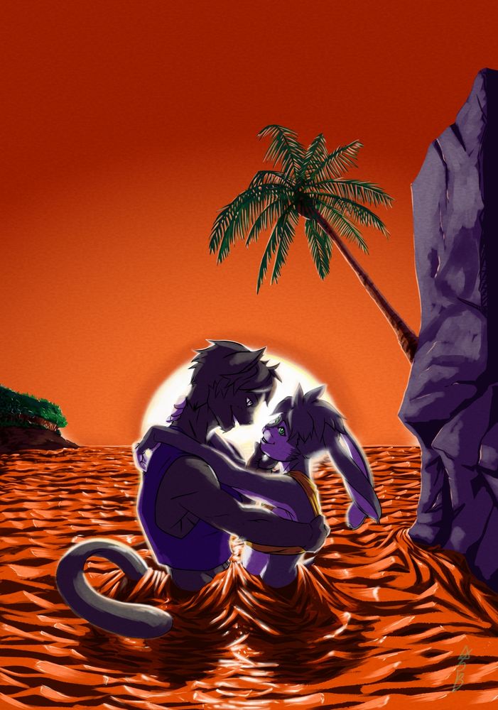 Oxana the felis (catfolk) and their wife Iz'Nani the lapin (rabbitfolk) standing waist deep in the ocean at sunset, looking into each other's eyes as Oxana holds Iz's chin. They are smiling and in love, wrapped around one another.