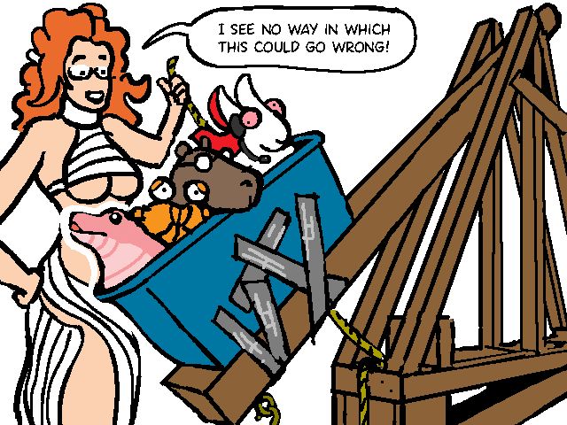 A woman, Serebae, with a bunch of her friends in a catapault where nothing bad will happen