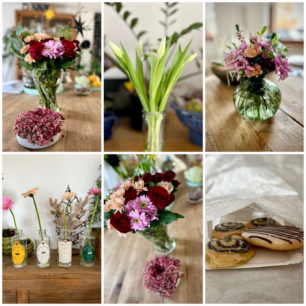 einzelne Fotos mit verschiedenen Blumenarrangements, Mohnschnecken und Amerikaner