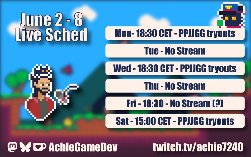 This week is gonna consists of 3 streams, all games from the Pursuing Pixels James Jam Game Gam!

Monday: 18:30 CET
Wednesday: 18:30 CET
Saturday: 15:00 CET