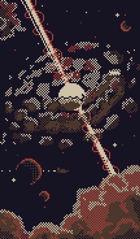 A new art joins the space theme. An active quasar in the depths of space expelling mighty beams into the vast nothingness. Be careful, activate shields and DO NOT APPROACH!

Dithered dust clouds forming rings around the exploding stellar object in the middle, while the lone spaceship carefully avoids it in the shadow shadow of two lonely dead planets.