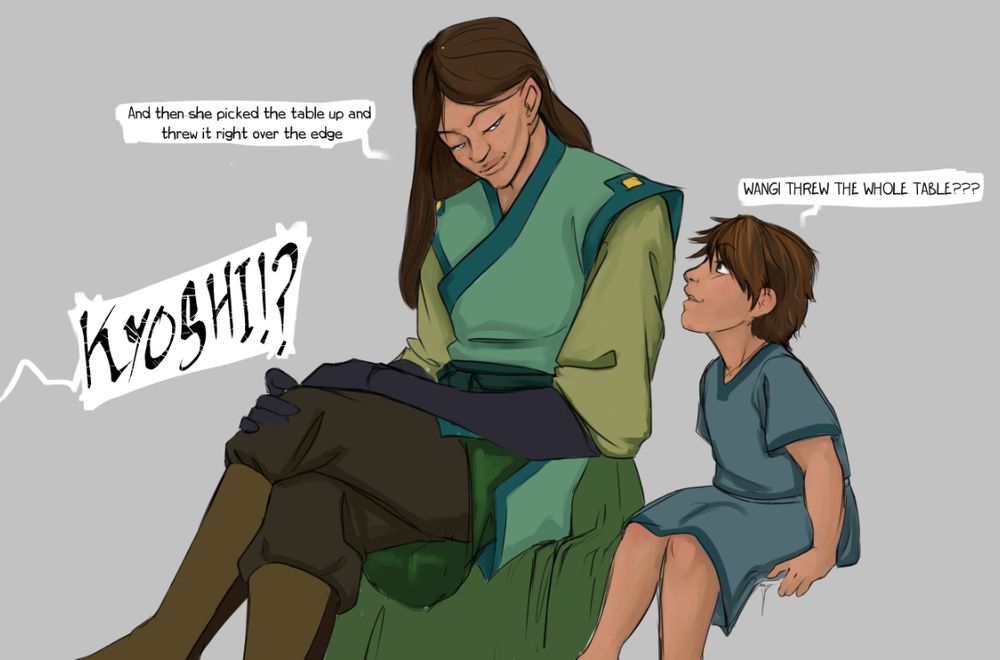 Kyoshi and a small child, koko sitting on an invisible ledge talking 

"and then Rangi picked up the table and threw it right over the edge"

"WANGI THREW THE WHOLE TABLE"

a third speech bubbl comes from off screen and says "KYOSHI!?" In a graphic font