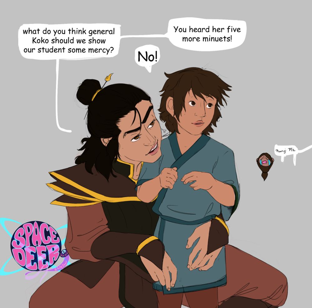Rangi squatted down with her arm around Koko on a Grey background the conversation goes

"What do you think general Koko should we show our student some mercy?"

"No!"

"You heard her five more minutes"

There is a tiny crying Kyoshi emote the says "rangi plz"