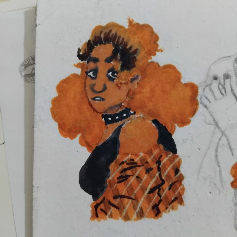 Desenho do busto de uma mulher parda de cabelos cacheados, vermelhos e volumosos que caem um pouco abaixo de seus ombros com a raiz preta já aparente com a parte de cima presa e o resto solto
Ela tá virada de lado e usa uma jaqueta xadrez vermelha caindo de seu ombro e uma regata preta