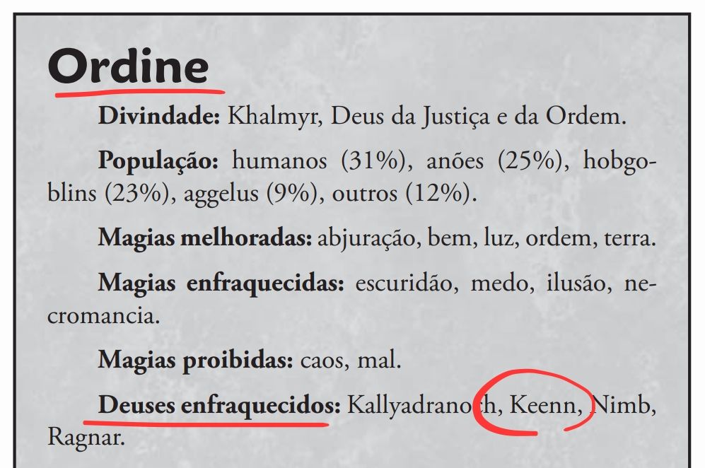 Um print de uma descrição de Ordine e em "deuses enfraquecidos" tem o Keenn