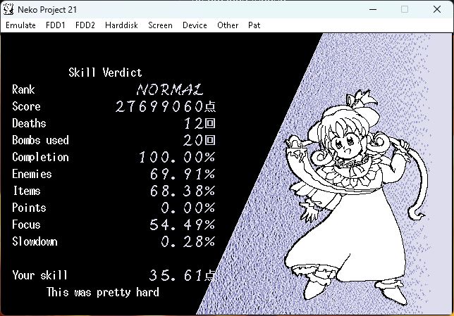                  Skill Verdict
Rank                            NORMAL
Score                        27699060点
Deaths                                    12回
Bombs used                          20回
Completion                     100.00%
Enemies                            69.91%
Items                                 68.38%
Points                                  0.00%
Focus                                54.49%
Slowdown                           0.28%

Your skill                            35.61点
           This was pretty hard