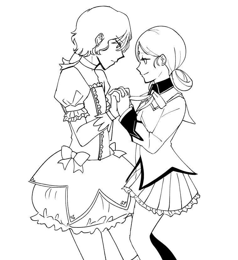 A rough sketch of Char Aznable and Lalah Sune, face to face and holding hands, with Char dressed as Madoka Kaname and Lalah dressed as Homura Akemi. Lalah is smiling serenely and Char's expression is blank.