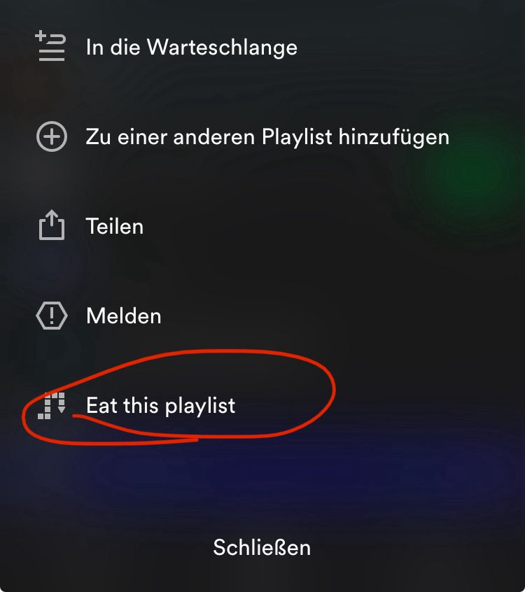 Ein Spotify-Menü für Playlists mit einer Markierung am Eintrag „Eat this playlist“.