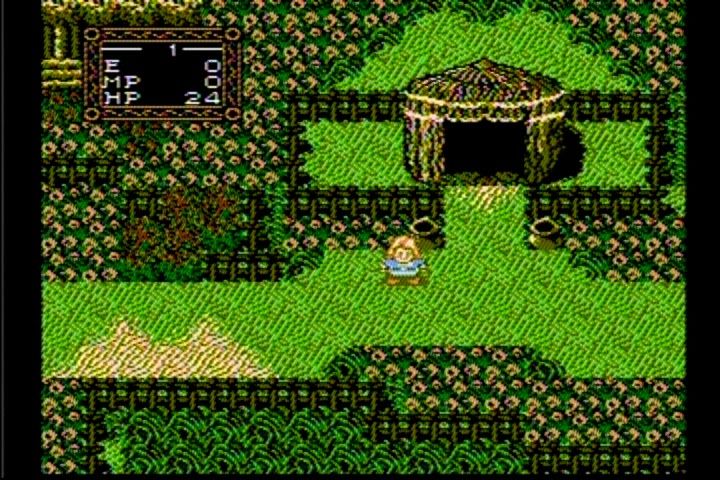 A screenshot of a first-generation Nintendo Entertainment System game, featuring a sprite version of a character from the Willow film, in an idyllic looking fantasy environment with grass, sunflowers, a hut, and some fencing. A UI panel in the top left displays the stats  "E 0, MP 0, and HP 24".