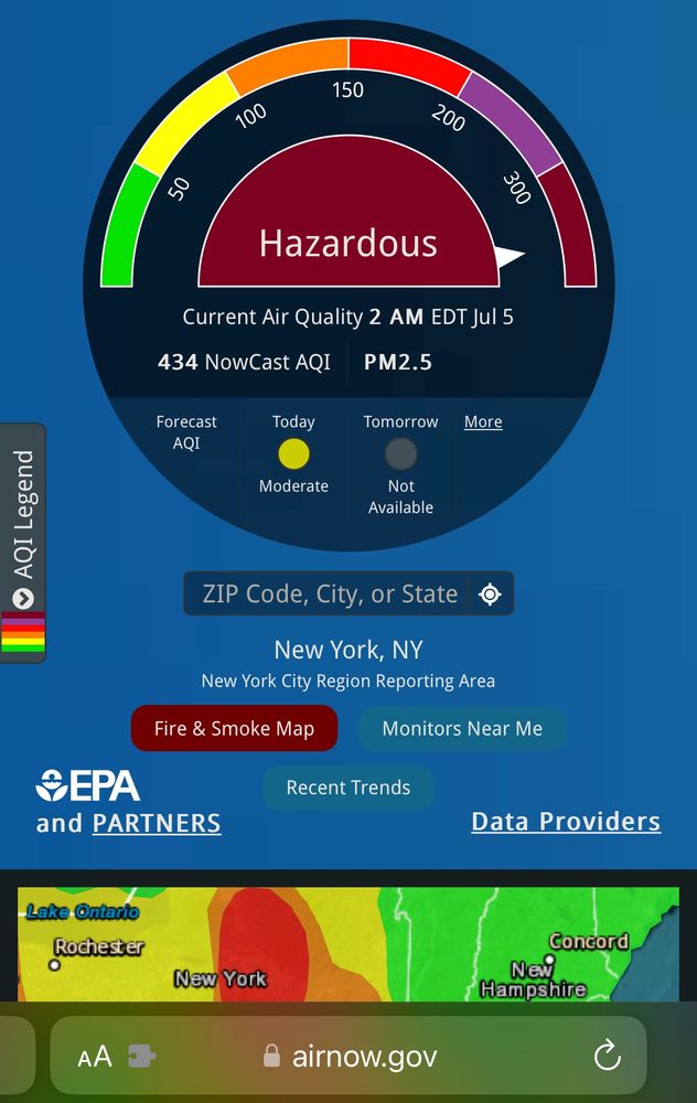 AirNow.gov showing AQI 434 HAZARDOUS in New York, NY