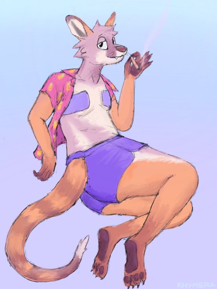 digital art of an anthro yellow footed wallaby dude,  he's smoking a weed looking towards the viewer and chilling with his butt facing the viewer kinda. he's got on blue short shorts and a short sleeve button up with pineapples on it, its unbuttoned and u can see his tummy and trans tape on his chest