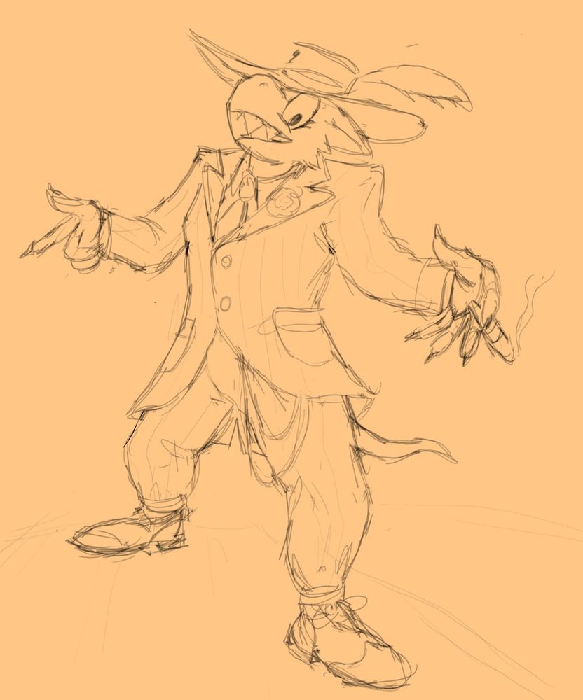 toony sketch of my fursona, a bat girl wearing a zoot suit