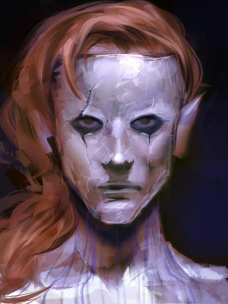 The man with red hair in white porcelain mask 