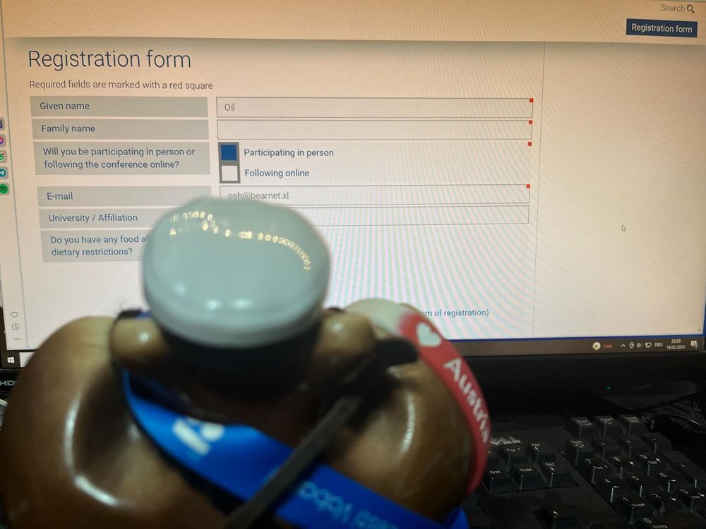 A porcelain bear is sitting in front of a computer, filling out a registration form. The name "Oš" is entered into the field "Given name", all other fields are empty.