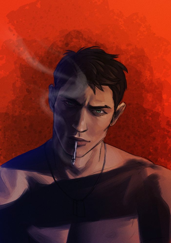 A photo study painting of a shirtless man smoking a cigarette over a red backdrop