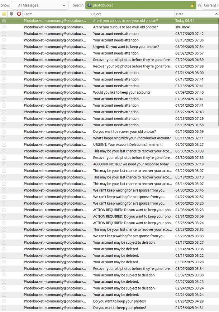 A screenshot of my email client showing several dozen "we're about to delete your account!" emails from Photobucket over the entire year