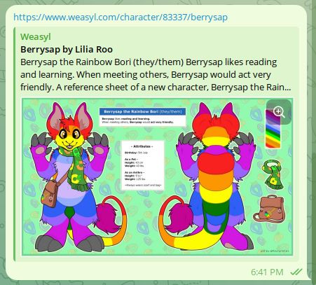 A cropped screenshot of Telegram, with a message linking to https://www.weasyl.com/character/83337/berrysap, which generates an embed card for that character.