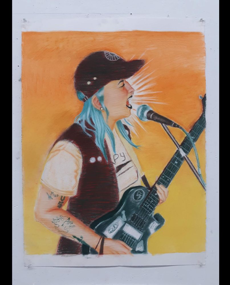 An orange, yellow, and blue chalk pastel drawing of a musician singing into a microphone and holding an electric guitar 