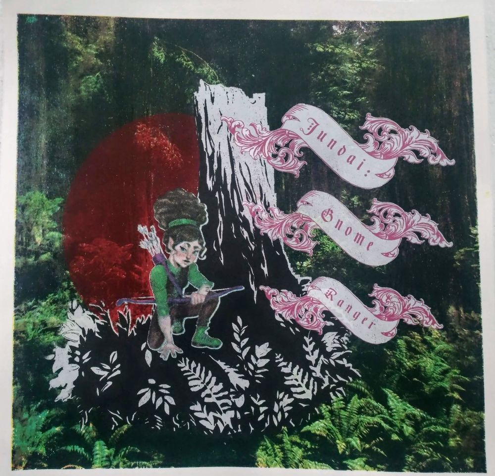 A screen print with a green forest background, black and white tree stump mid ground, and a squatting girl with curly hair holding a bow and arrows in the foreground. Three ornate banners read, “Jundai Gnome Ranger”