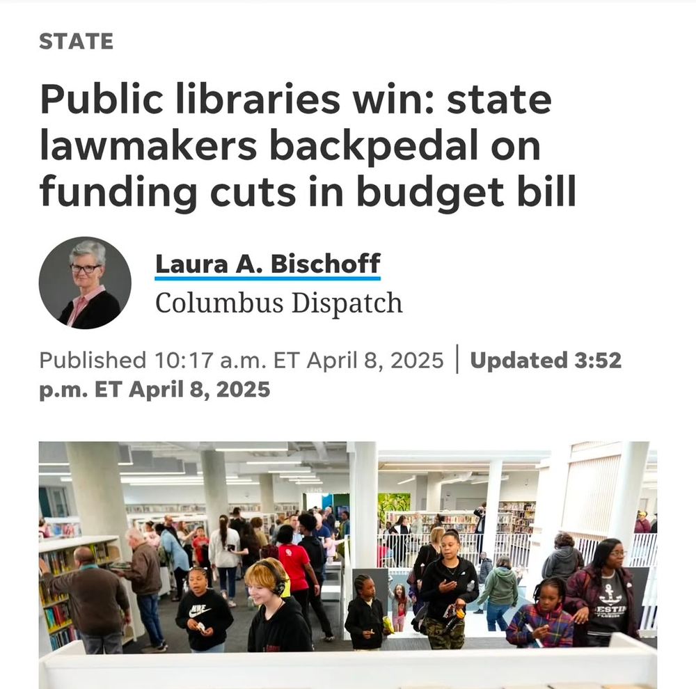 An article by Laura A. Bischoff of the Columbus Dispatch titled "Public libraries win: state lawmakers backpedal on funding cuts in budget bill" 