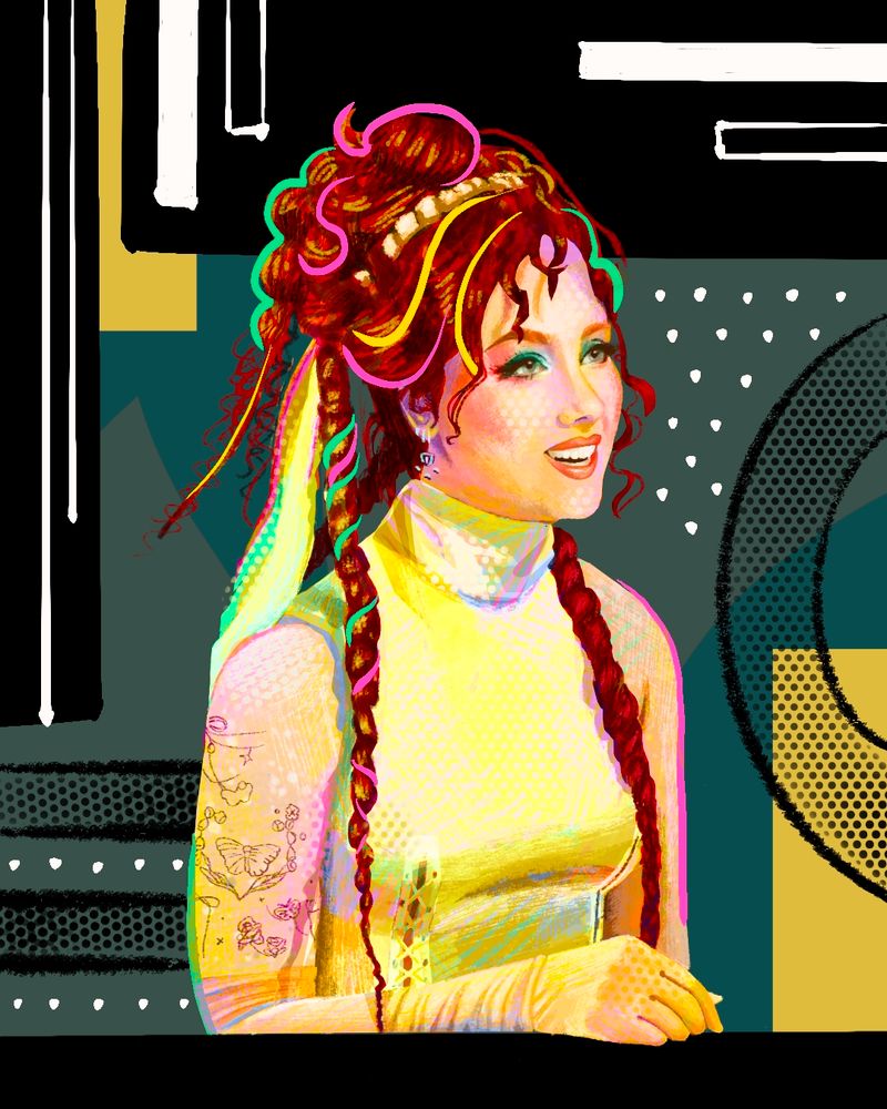 A colorful, graphic-realism portrait of Chappell Roan 