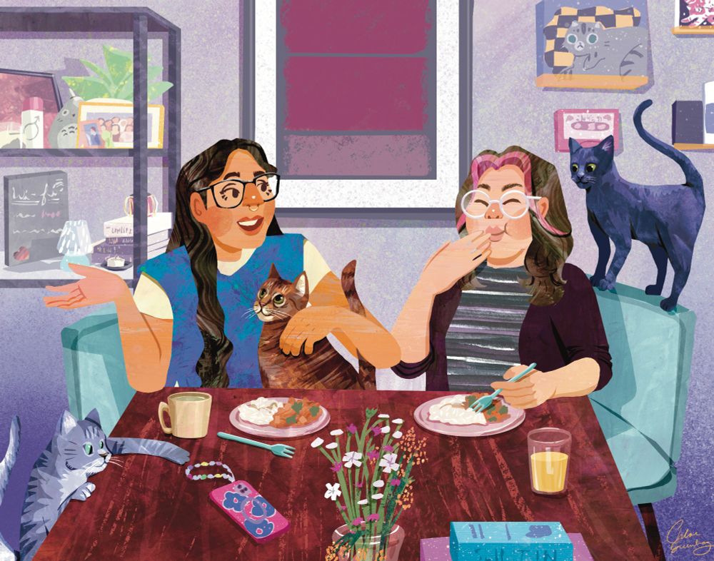 An illustration of two women and their 3 cats at the dining room table. 