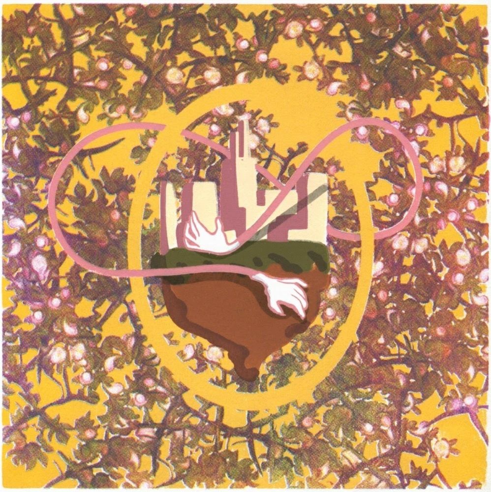 A yellow and pink screen print. Foliage background with some flowers. A floating city is being held by noodley arms in the shape of an infinity symbol