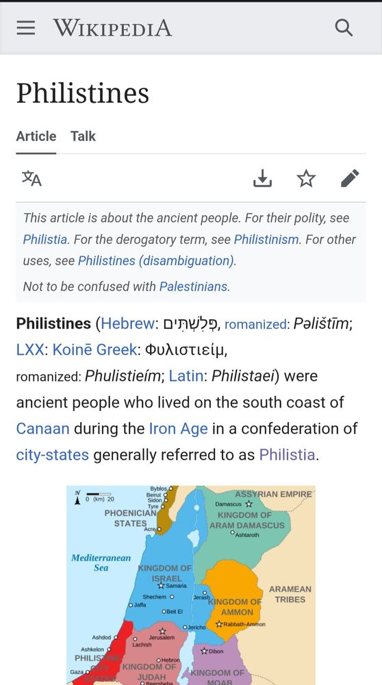Wikipedia article on Philistines, literally the Hebrew word for Palestine, that predated the Iron age.