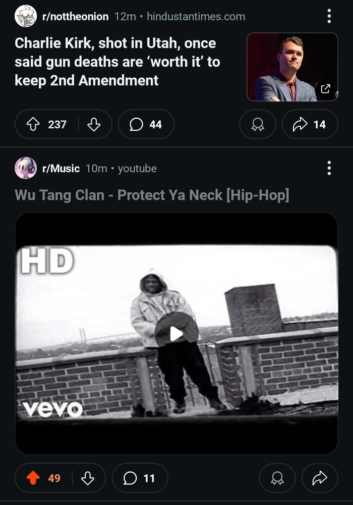 Reddit post from R/nottheonion detailing Charlie Kirk's death by gunshot to the neck followed by another post from r/music featuring the song "Protect Ya Neck" by the Wu-tang Clan.