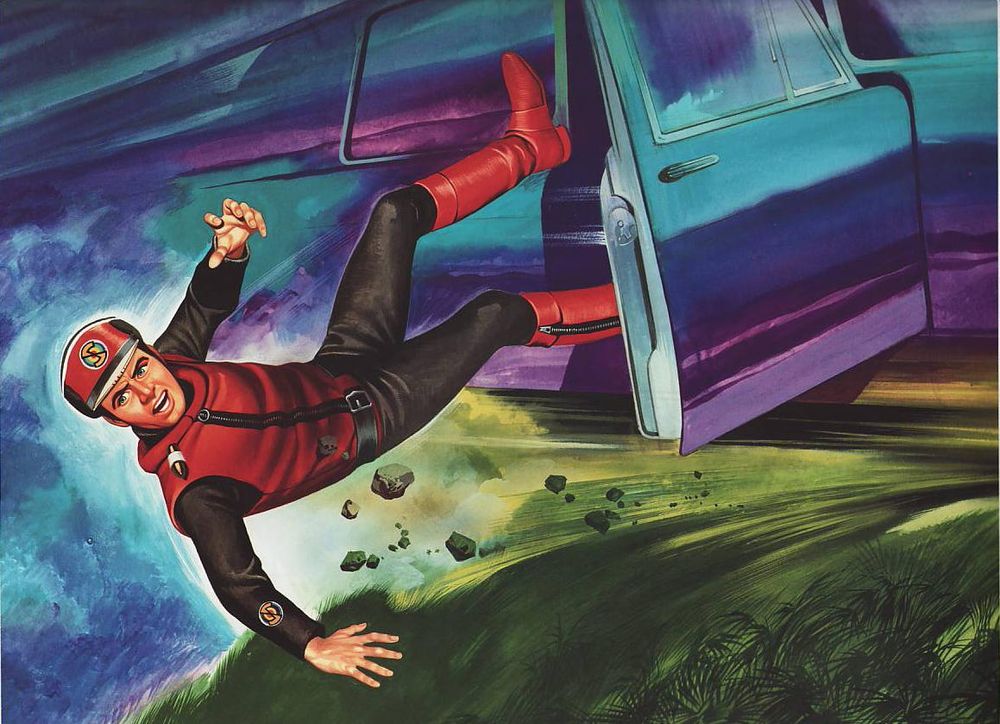 Captain Scarlet falling out of a car.