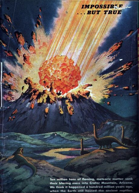 A retro picture of Dinosaurs showing a flaming meteor crashing into a mountain whilst the Dinosaurs look on.