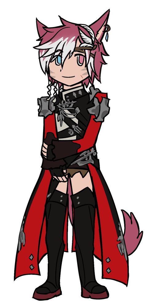 A pink-haired Miqo'te with mismatched blue and pink eyes stands, one arm at her side and the other grasping the first by the forearm. She smiles at the viewer. She's wearing a red robe with various metallic plating on the shoulders and metallic ornamentation on the chest. She also has a skirt and thighboots, as well as a feathery ornamentation on the left side of her head, as well as a blue crystal earring on her left ear.