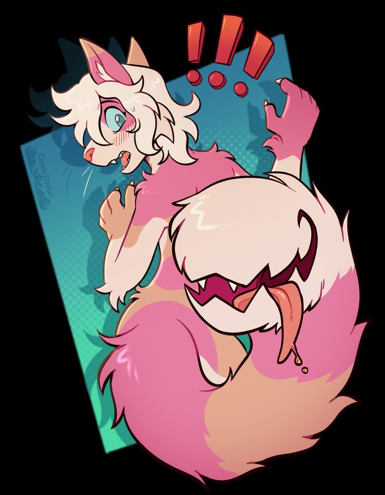 An anthropomorphic pink, peach and cream-colored calico stands with her back to the viewer, looking back in flustered surprise. She's looking at her tail, which now sports a maw, complete with feline fangs and drooling tongue. The tail maw has a mischievous smile.