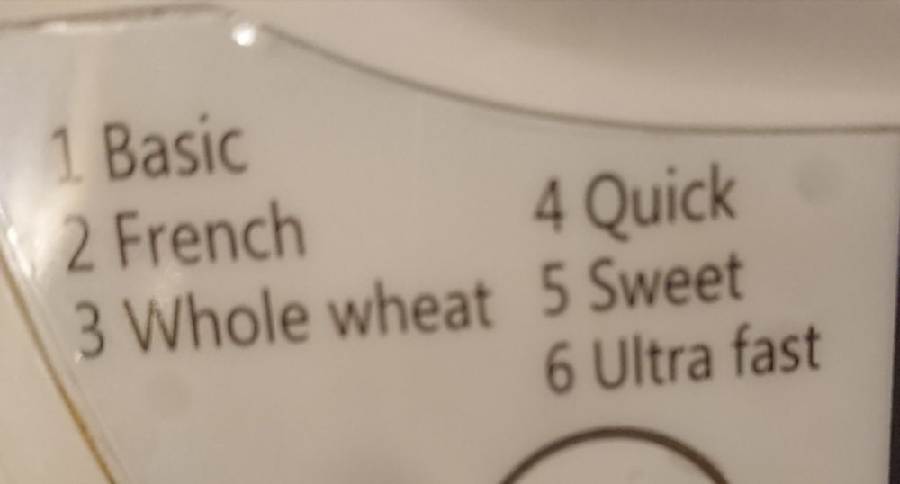 A picture of a breadmaker which says 
1  Basic
2 French
3 Whole wheat
4 Quick
5 Sweet
6 Ultra fast