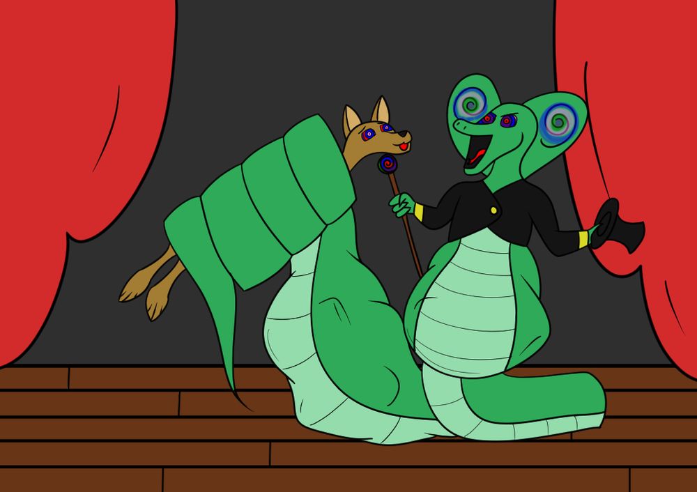 A green naga has a brown canine wrapped in his coils, maw open as to swallow him. The naga already has bulges in his belly and coils as if he's swallowed other people. His and the canine's eyes glow various colors as the naga hypnotizes his prey.