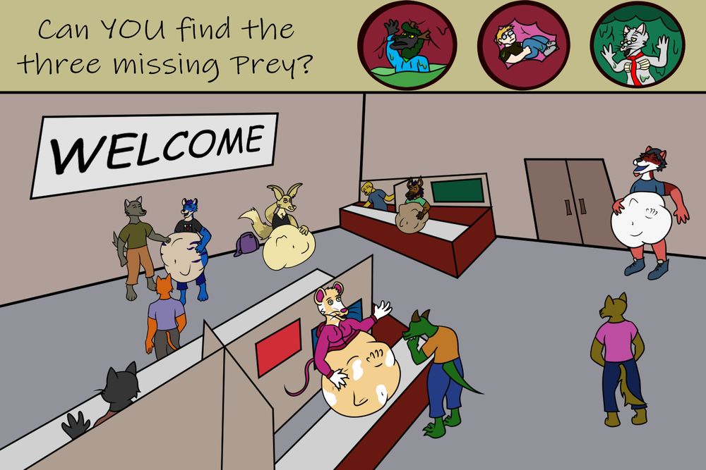 A large wide shot of a convention dealer's den, various furs mill about, some with prey filled bellies. At the top there's text that says "Can YOU find the three missing Prey?" with three internal shots showing the prey.