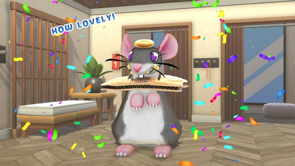 Squeakross screenshot of Pawbs with food on his face and cardboard on him like he's been rooting around in the garbage.