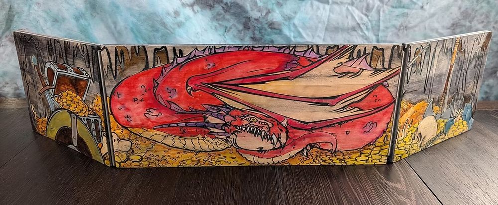 A Dungeon Masters Screen for Dungeons and Dragons featuring a Dragon in its lair