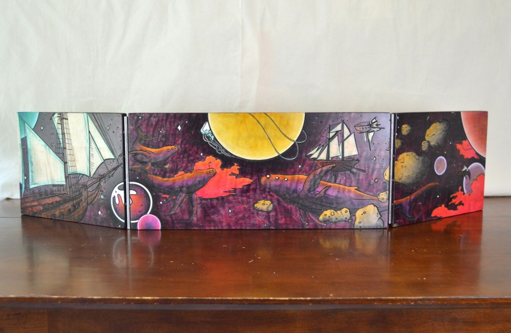 Curly maple wood Dungeon Master’s screen for Dungeons & Dragons and TTRPGs, hand-stained with swirling purple, yellow, orange, and violet colors; magnetic, handcrafted D&D DM screen for tabletop RPG gameplay.