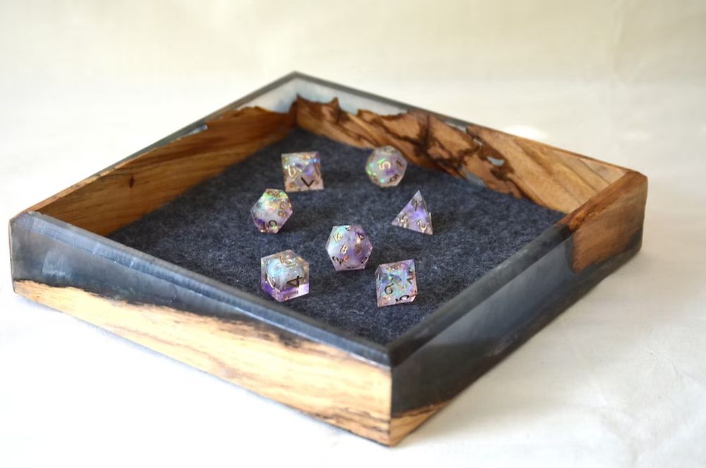 Resin and Elm river table dice tray with purple speckled dice