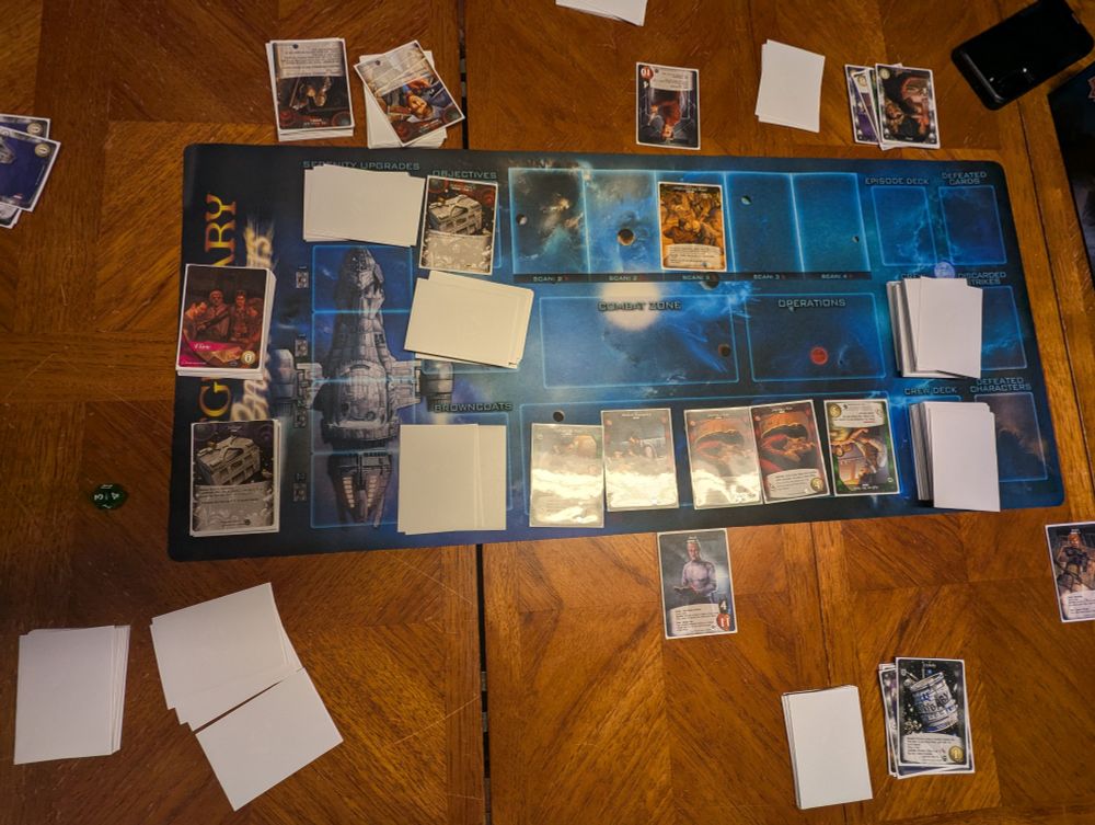 Legendary Encounters: Firefly laid out on a game table.

Position is mid way through Mission 1.