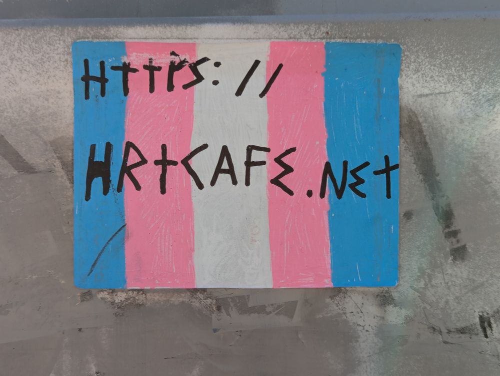 Trans flag sticker with vertical stripes affixed to the side of a utility box.

Sharpied on it is the URL:

Https://hrtcafe.net
