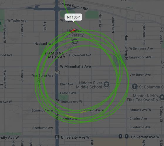 A MN State Patrol helicopter, N119SP, is shown on a map circling around the intersection of Simpson St.  and Van Buren Ave. in St. Paul, MN.

Cost to taxpayers:  ~$2500 /hr