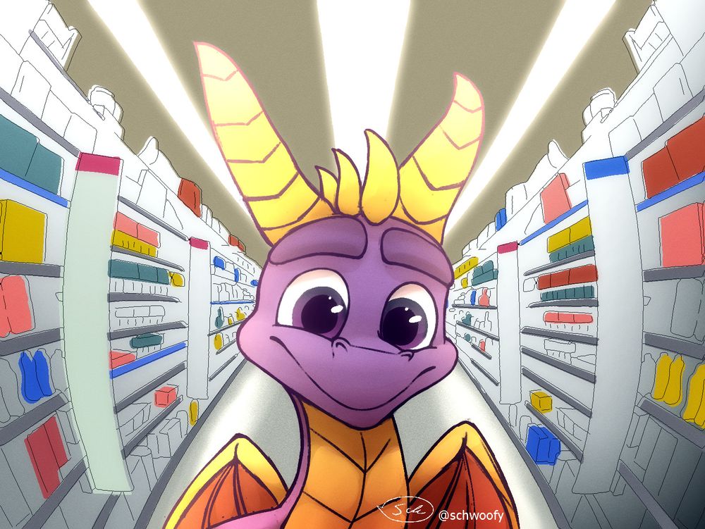 artwork of spyro the dragon, he's standing in a shopping aisle and smiling at the viewer