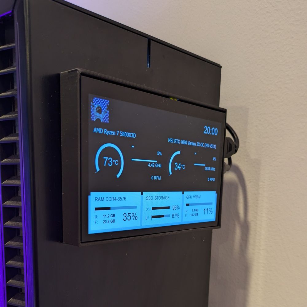 PC case with small display attached to the front that displays temperatures and other statistics.