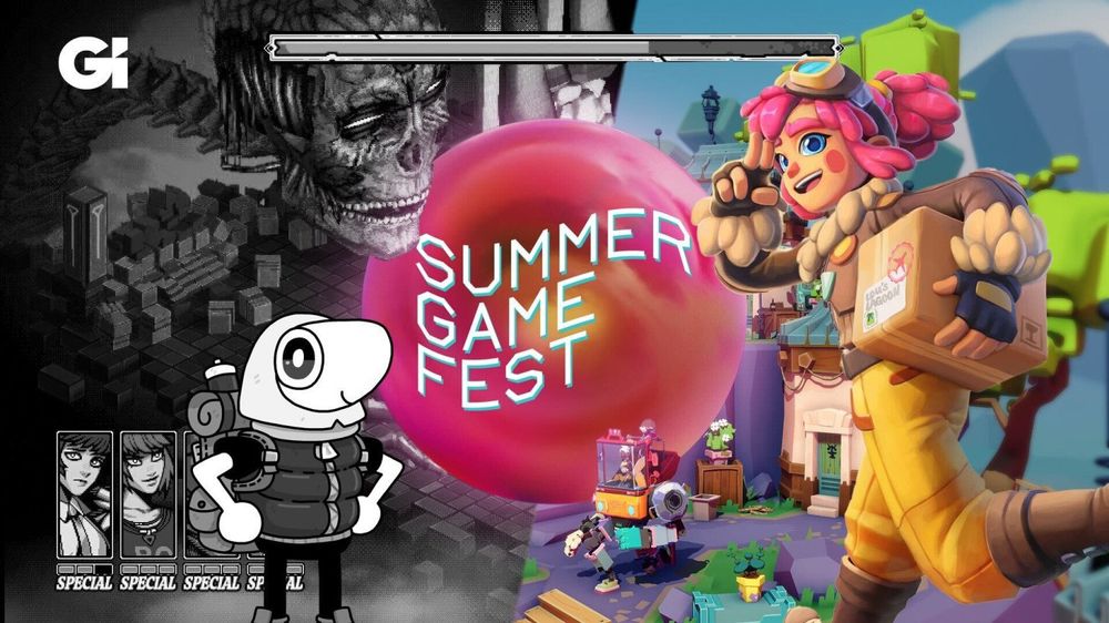 A collage of indie games and the summer game fest logo, featuring imagery from TOEM 2, Demonschool, Lou's Lagoon, and Dosa Divas.